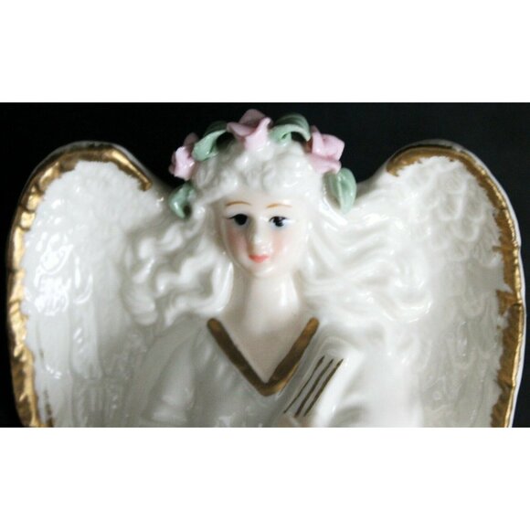 Vtg 80s White Porcelain Ceramic Angel Candle Holder Gold Trim Playing Instrument - Picture 7 of 8